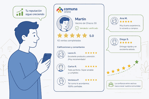 Perfil de vendedor con estrellas y comentarios de vecinos