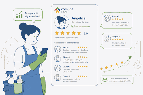 Perfil de prestador de servicios con estrellas y comentarios
